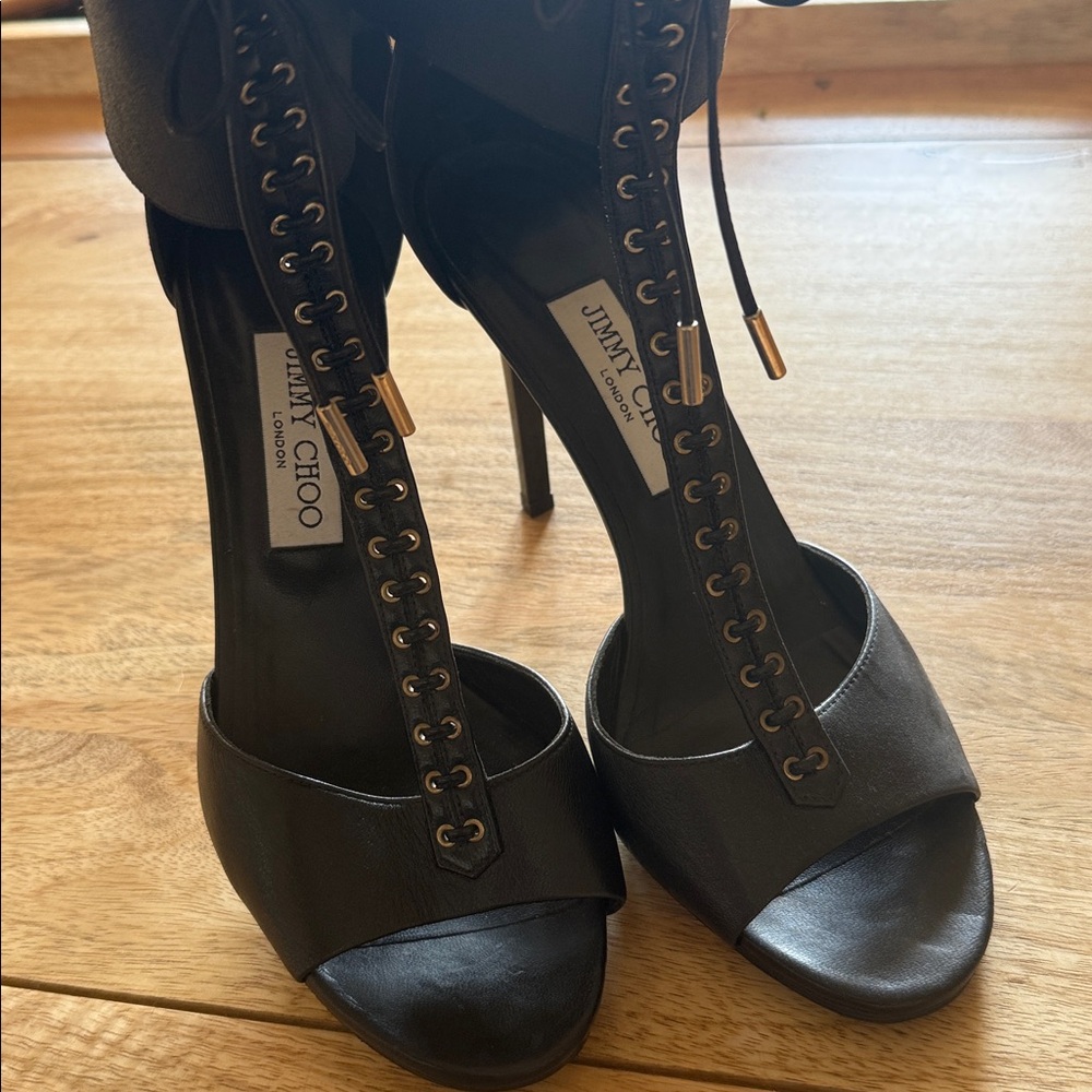 Jimmy Choo Black Leather Strappy Ankle Stilleto